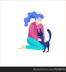 Vector character. Happy people with their pets, cat love their owners. Colorful flat concept illustration.. Vector character. Happy people with their pets, cat love their owners