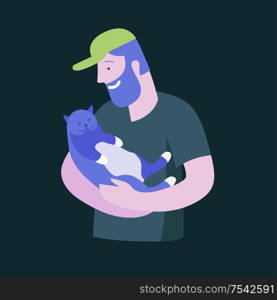 Vector character. Happy people with their pets, cat love their owners. Colorful flat concept illustration.. Vector character. Happy people with their pets, cat love their owners