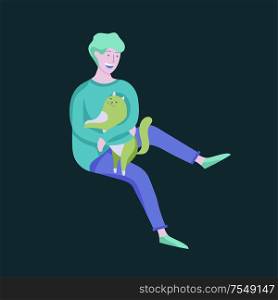 Vector character. Happy people with their pets, cat love their owners. Colorful flat concept illustration.. Vector character. Happy people with their pets, cat love their owners