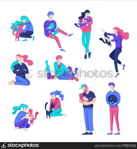 Vector character. Happy people with their pets, cat love their owners. Colorful flat concept illustration.. Vector character. Happy people with their pets, cat love their owners