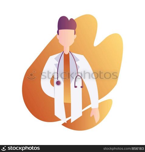 Vector character illustration of a male doctor with stetoscope in orange graphic shape on white background