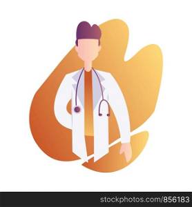 Vector character illustration of a male doctor with stetoscope in orange graphic shape on white background