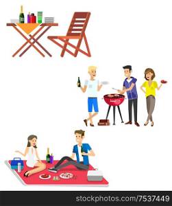 Vector character people on Family picnic or Bbq party. Food and barbeque, summer and grill. Vector barbeque party, illustration barbeque party. Family picnic. Bbq party. Food and barbeque