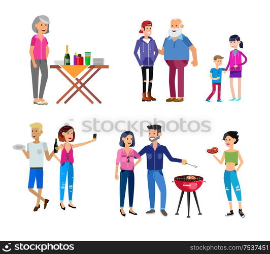 Vector character people on Family picnic or Bbq party. Food and barbeque, summer and grill. Vector barbeque party, illustration barbeque party. Family picnic. Bbq party. Food and barbeque