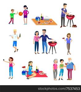 Vector character people on Family picnic or Bbq party. Food and barbeque, summer and grill. Vector barbeque party, illustration barbeque party. Family picnic. Bbq party. Food and barbeque