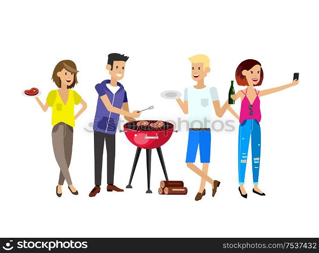 Vector character people on picnic or Bbq party. Chef men cooking steaks on grill.. Family picnic. Bbq party. Food and barbeque