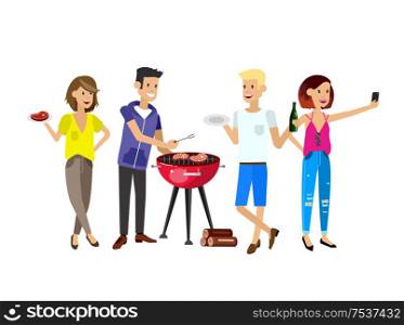Vector character people on picnic or Bbq party. Chef men cooking steaks on grill.. Family picnic. Bbq party. Food and barbeque
