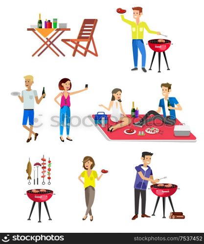 Vector character set, people on Family picnic or Bbq party. Food and barbeque, summer and grill. Family picnic. Bbq party. Food and barbeque
