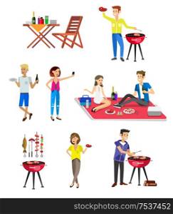 Vector character set, people on Family picnic or Bbq party. Food and barbeque, summer and grill. Family picnic. Bbq party. Food and barbeque
