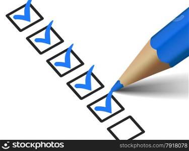 Vector check mark symbol and icon on blue checklist with pen for business design concept and web graphic, EPS 10 illustration on white background.