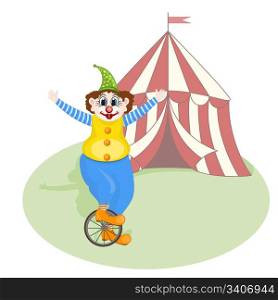 vector cheerful clown unicycling in front of circus tent