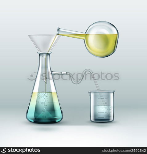 Vector chemical reactions research is done using glass flasks full of yellow blue liquid, funnel and beaker isolated on background. Chemical laboratory experiment