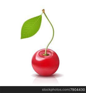 Vector Cherry Icon. Ripe berry with leaf on white. EPS10 opacity
