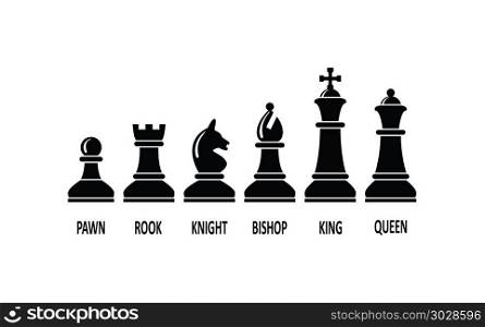 vector chess piece set. vector chess piece set for logo design. pawn, rook, knight, bishop, king and queen black and white chess symbols
