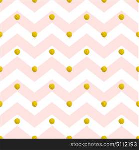 Vector chevron seamless pattern. Pink lines and golden circles on a white background