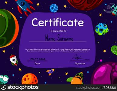 Vector children diploma or certificate template with with cartoon space planets and ships illustration. Vector children diploma or certificate with cartoon space planets