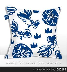 Vector Chinese Classic Blue Traditional Paper Cutting or Porcelain Seamless Fabric Pattern. Goldfish in Lotus Pond.