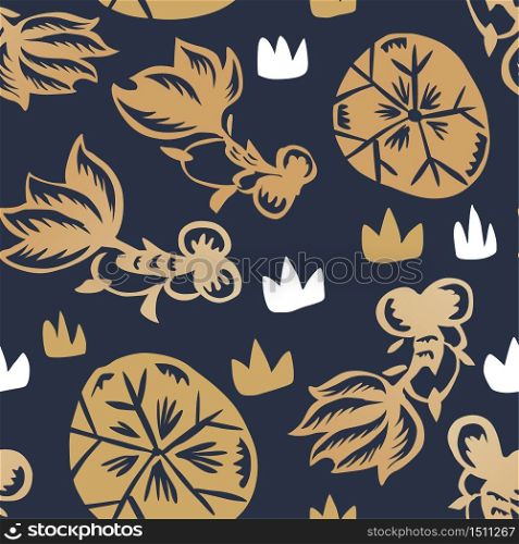 Vector Chinese Classic Blue Traditional Paper Cutting or Porcelain Seamless Pattern. Goldfish in Lotus Pond.