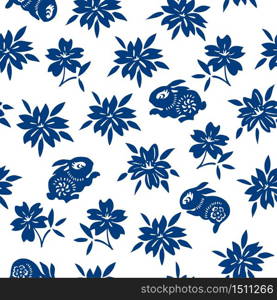 Vector Chinese Classic Blue Traditional Paper Cutting or Porcelain Seamless Pattern. Rabbit & Floral Pattern.