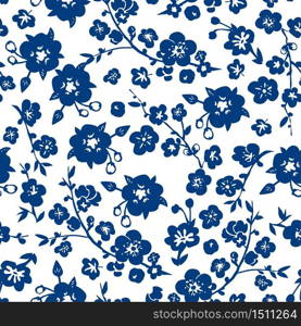 Vector Chinese Classic Blue Traditional Paper Cutting or Porcelain Seamless Spring Floral Blossom Pattern.