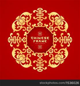 Vector Chinese frame style greeting card gold circle design on red background, illustration
