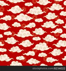 Vector Chinese, Korean or Japanese Traditional Line Drawing Cloud Seamless Pattern. 