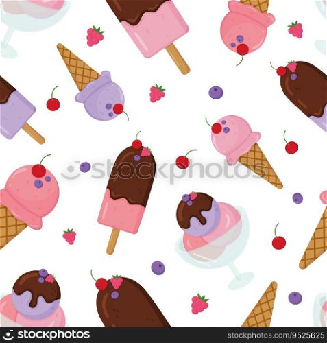 Vector chocolate and berries ice cream semless pattern. Cartoon colorful illustration isolated on white background.