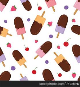 Vector chocolate and berries ice cream semless pattern. Cartoon colorful illustration isolated on white background.
