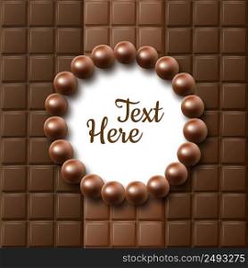 Vector chocolate bars flat lay frame with ball candies and place for text or copyspace close up top view. Chocolate flat lay
