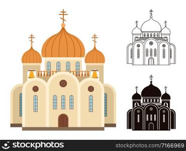 Vector christian church icons. Line, silhouette and flat church buildings isolated on white background. Christian church icons