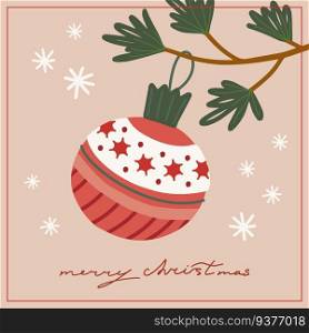 Vector christmas and new year card christmas ball snowflakes new year symbols. Illustration with merry christmas lettering. 