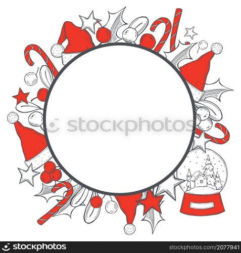 Vector Christmas background frame with hand drawn Santa Claus hats. Sketch illustration. . Christmas vector frame