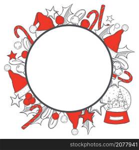 Vector Christmas background frame with hand drawn Santa Claus hats. Sketch illustration. . Christmas vector frame