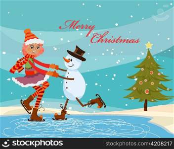 vector christmas background with girl and snowman