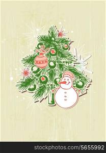Vector Christmas background with green paper fir and snowman