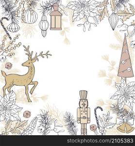 Vector Christmas background with hand drawn deer. Sketch illustration.. Christmas set. Vector sketch illustration.