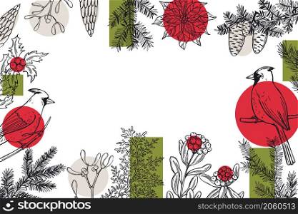 Vector Christmas background with hand drawn plants and birds. Sketch illustration.. Christmas plants and birds. Vector background