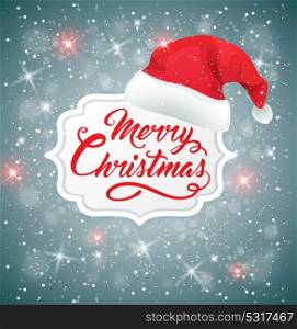 Vector Christmas background with hat of Santa Claus. Merry Christmas lettering
