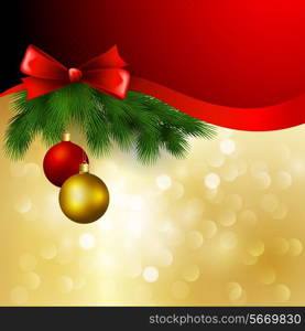 Vector christmas background with ribbon and bow and balls
