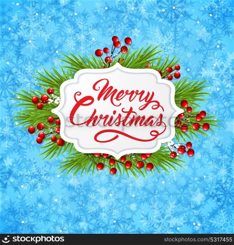 Vector Christmas banner with green fir branch and greeting inscription on a blue background. Merry Christmas lettering