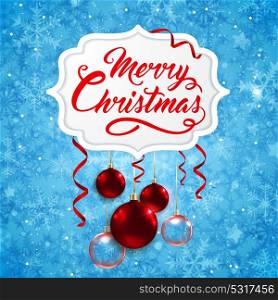 Vector Christmas banner with red baubles and greeting inscription on a blue background. Merry Christmas lettering