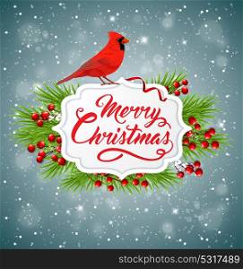 Vector Christmas banner with red cardinal bird, fir branch and greeting inscription. Merry Christmas lettering