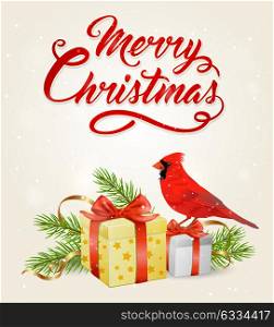 Vector Christmas banner with red cardinal bird, gifts and greeting inscription. Merry Christmas lettering