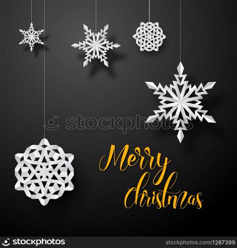 Vector christmas card white paper snowflakes on a dark gray background. Vector card with white paper christmas snowflakes