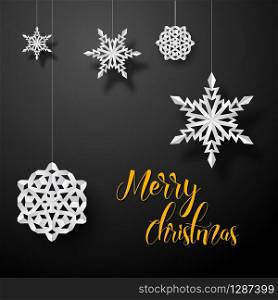 Vector christmas card white paper snowflakes on a dark gray background. Vector card with white paper christmas snowflakes