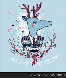 Vector Christmas card with a cute Christmas deer