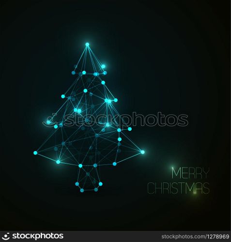 Vector christmas card with abstract christmas tree made from light lines and dots (low poly art)