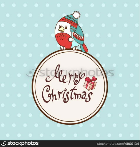 Vector Christmas card with cartoon bullfinch in cap style with a stylized hand-drawn lettering. Merry Christmas!