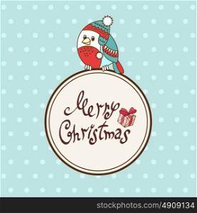 Vector Christmas card with cartoon bullfinch in cap style with a stylized hand-drawn lettering. Merry Christmas!