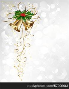 Vector Christmas card with gold bells and holly. Christmas card with gold bells and holly